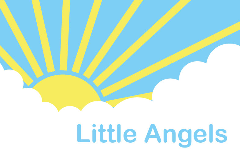 digital artwork of a sun and clouds on a blue sky with the words little angels at the front